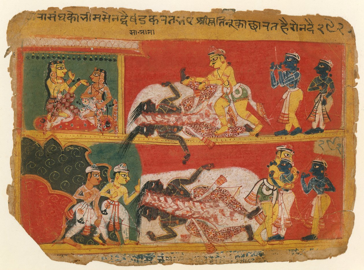 Bhima Slays Jarasandha: صفحة من مخطوطة Bhagavata Purana ، كاليفورنيا. 1540. بواسطة غير معروف