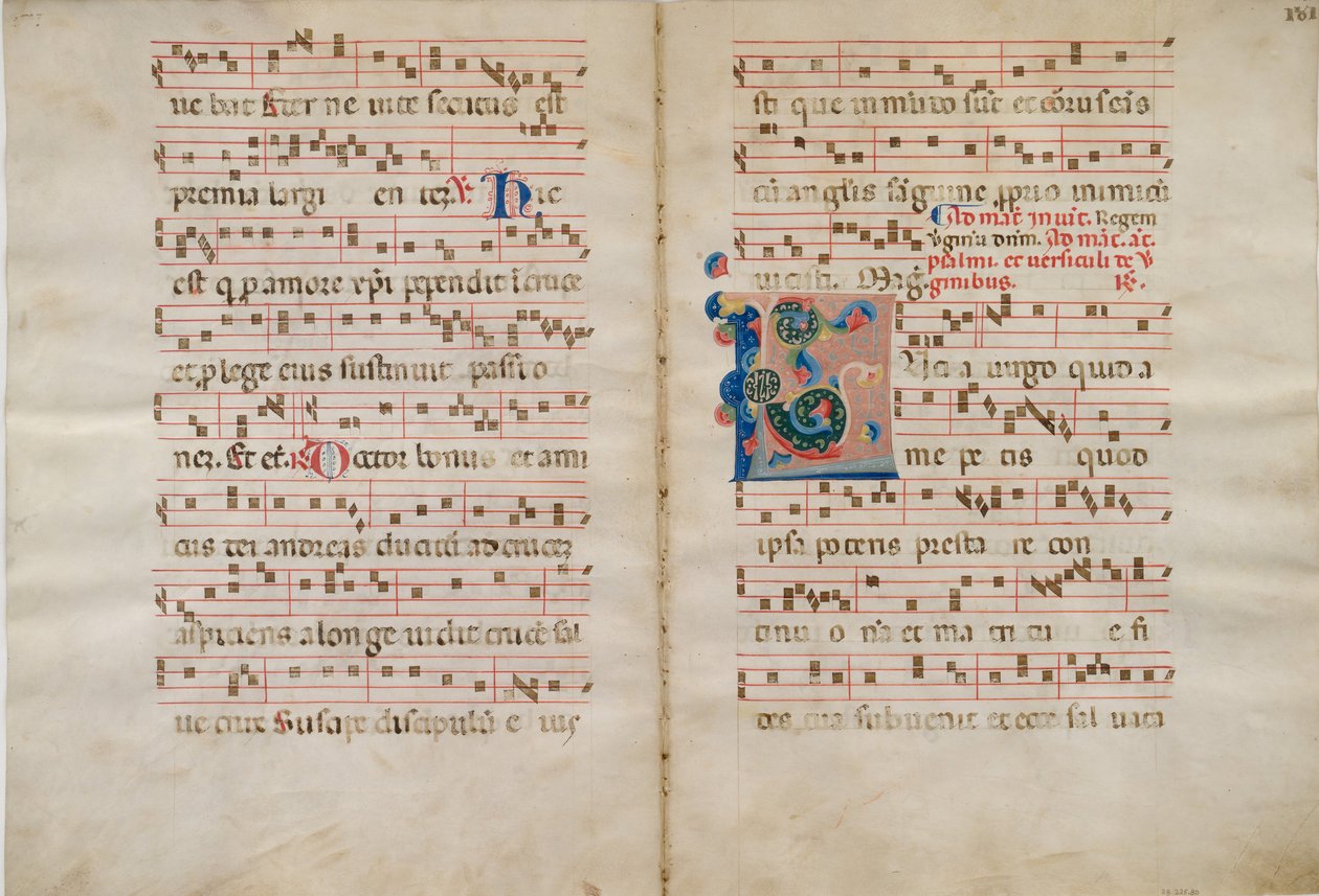 Bifolium مع الحرف الأول L ، من Antiphonary ، القرن الرابع عشر. بواسطة غير معروف