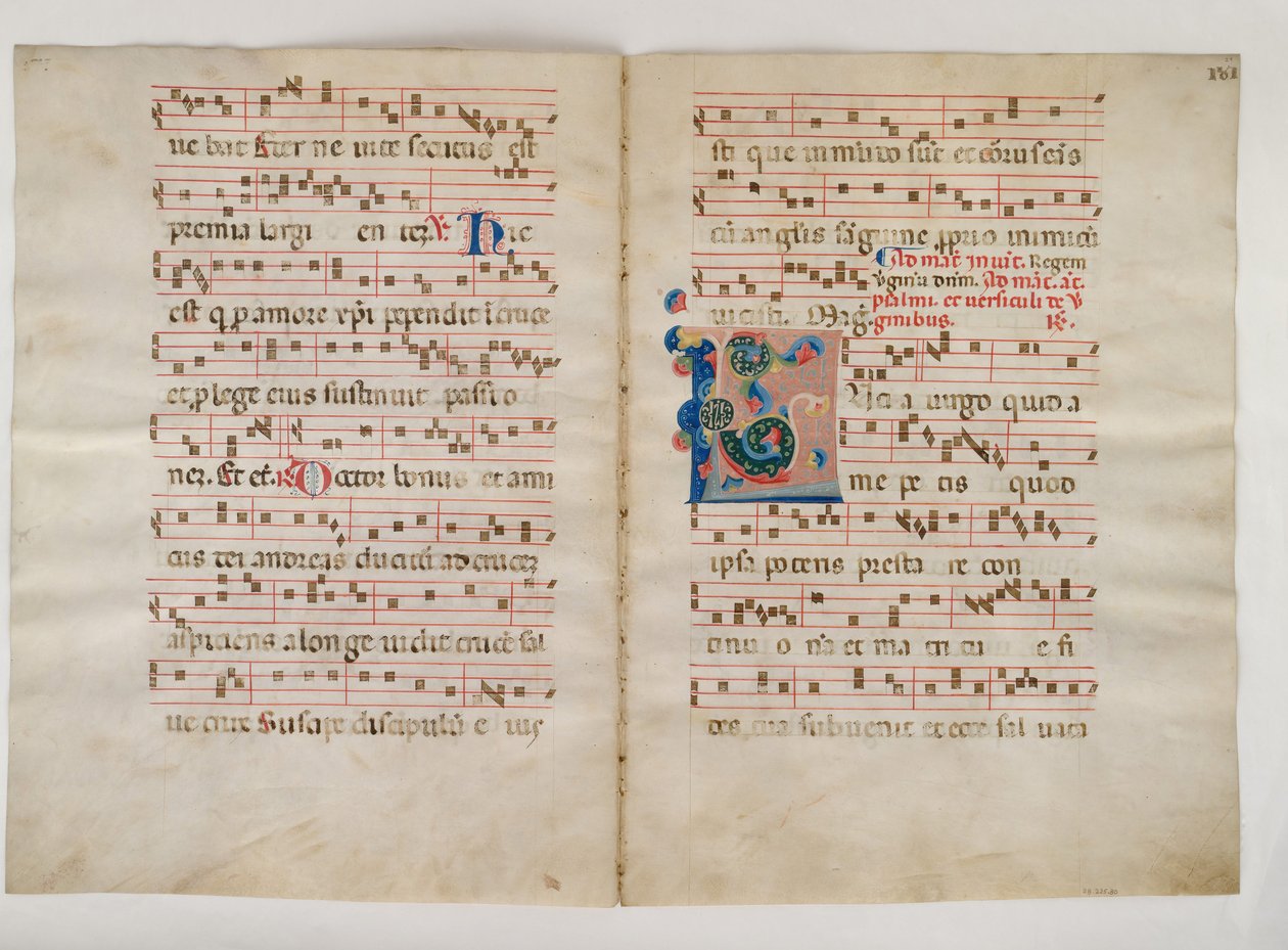 Bifolium مع الحرف الأول L ، من Antiphonary ، إيطالي ، القرن الرابع عشر. بواسطة غير معروف