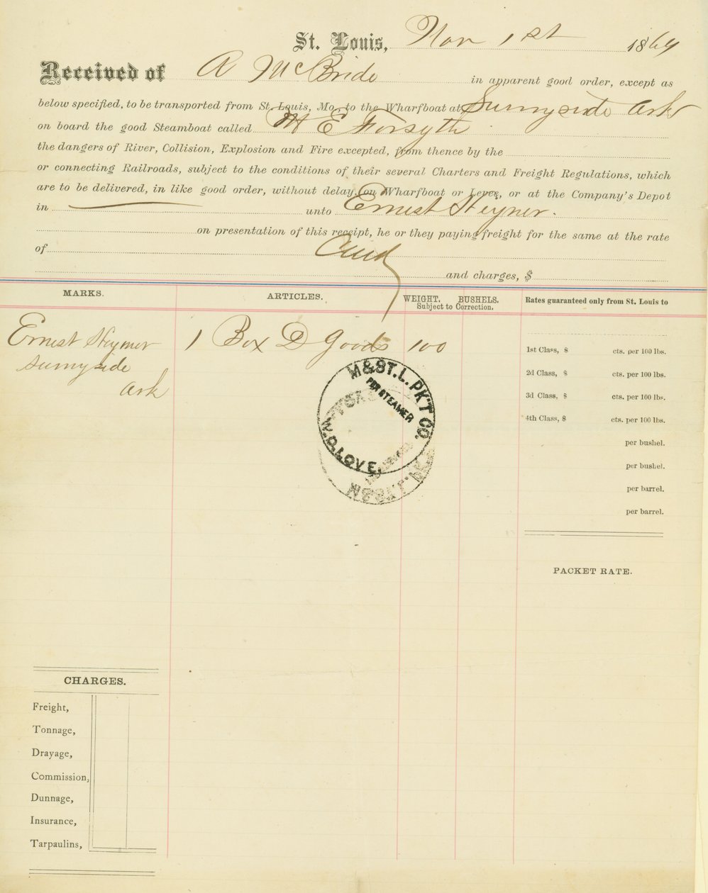 بوليصة الشحن ، القارب البخاري M [ary] E. Forsyth ، Sunnyside ، Arkansas ، 1 نوفمبر 1864 بواسطة غير معروف