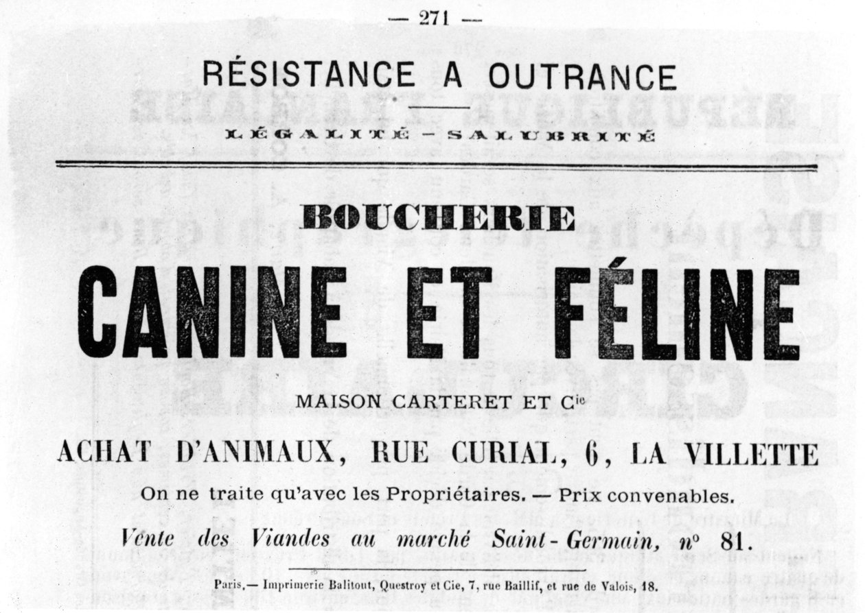 Boucherie Canine et Feline ، من الملصقات السياسية الفرنسية لكومونة باريس ، مايو ١٨٧١ بواسطة غير معروف