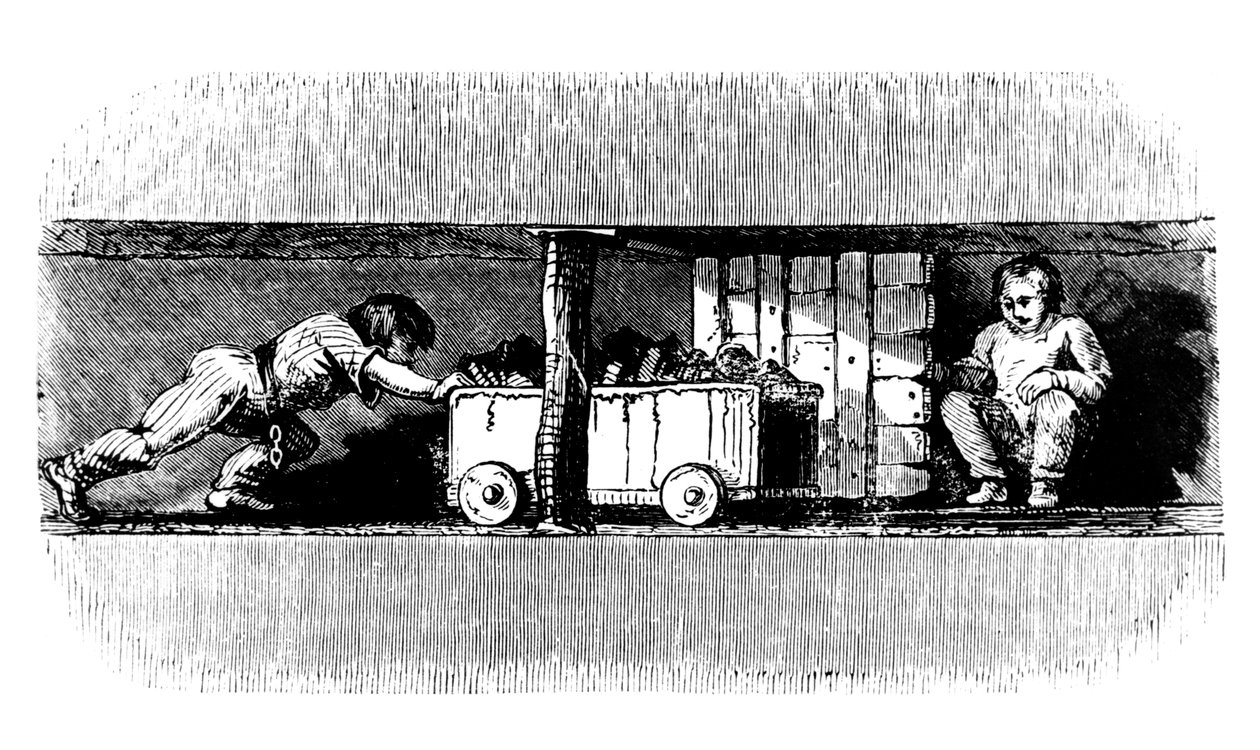 صبي يدفع شاحنة محملة بالفحم من وجه الفحم إلى أسفل عمود الحفر ، c1848 بواسطة غير معروف