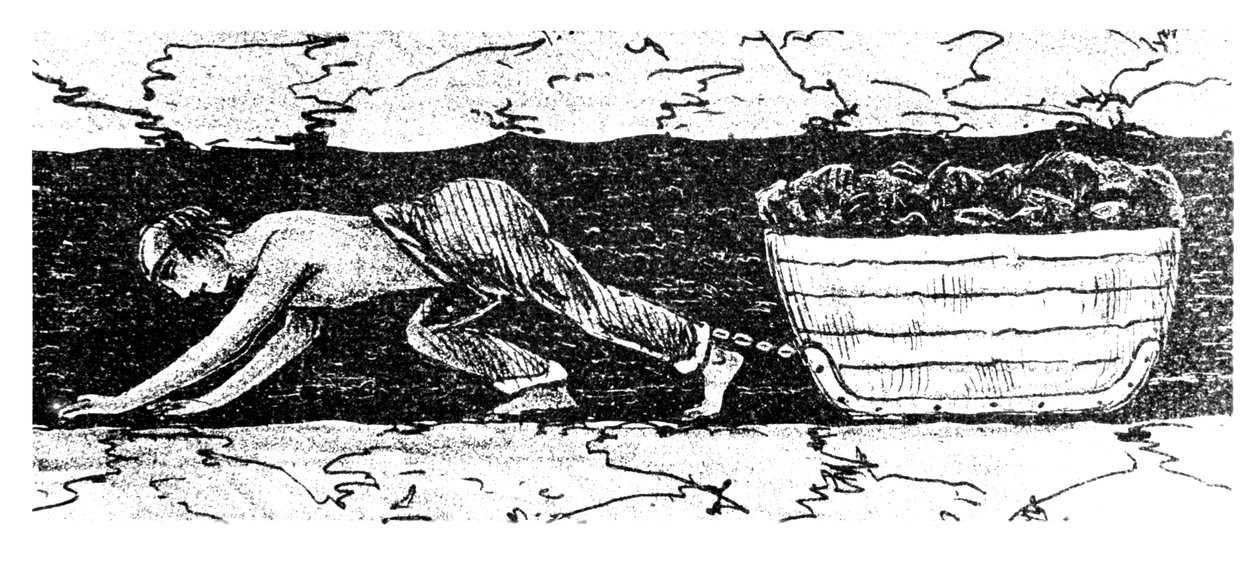 صبي مضرب يسحب زلاجة من الفحم على طول خط التماس الضيق ، جنوب ويلز ، 1848 بواسطة غير معروف