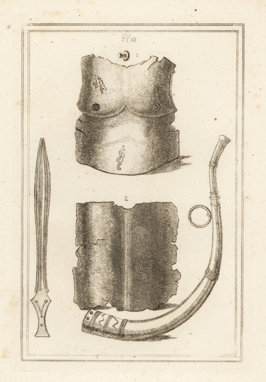 صدرية وقطعة خلفية من cuirass الروماني القديم 1،2 ، Roman Lituus أو البوق العسكري 3 والسيف النحاسي القديم 4 بواسطة غير معروف