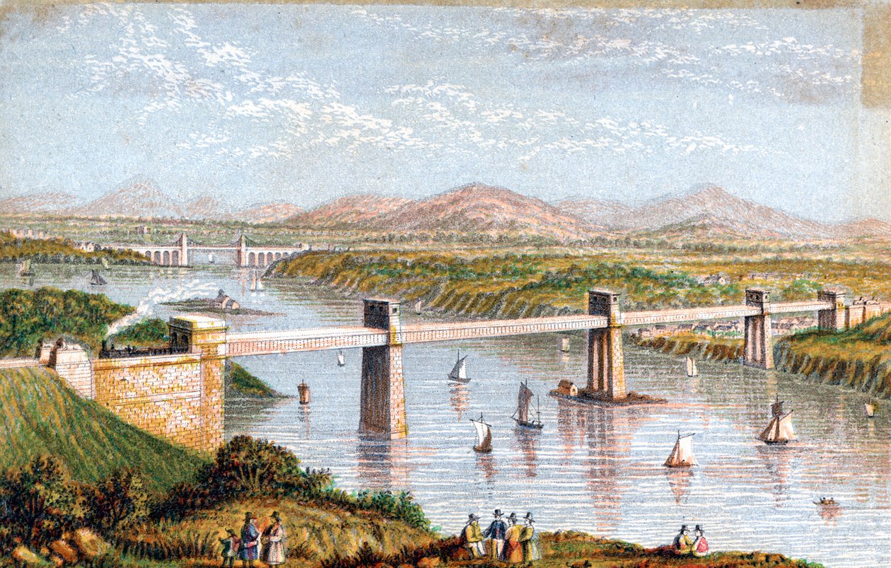 جسر بريتانيا أنبوبي فوق مضيق ميناي ، ويلز ، c1850s بواسطة غير معروف