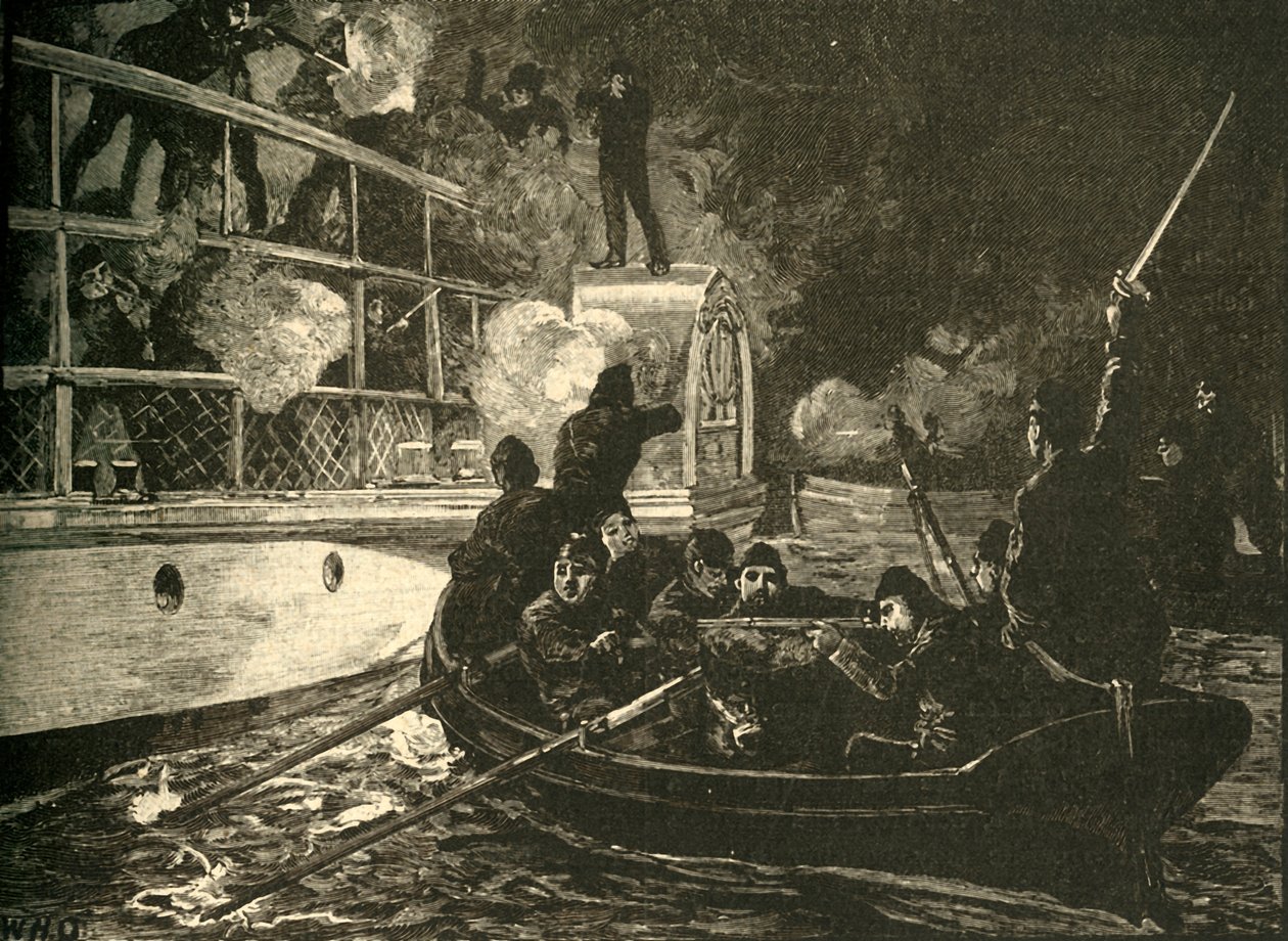 القوات البريطانية تستولي على السفينة المتمردة الكندية كارولين على نهر نياجرا ، 1837 c1890. بواسطة غير معروف