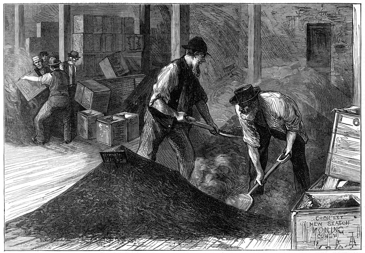 يستكثر الشاي في مستودع الشاي ، 1874 بواسطة غير معروف
