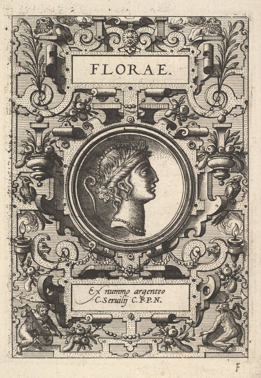 تمثال نصفي للنباتات محاط بأربطة من سلسلة Deorum dearumque ، مجموعة من الصور ... ، 1573. بواسطة غير معروف