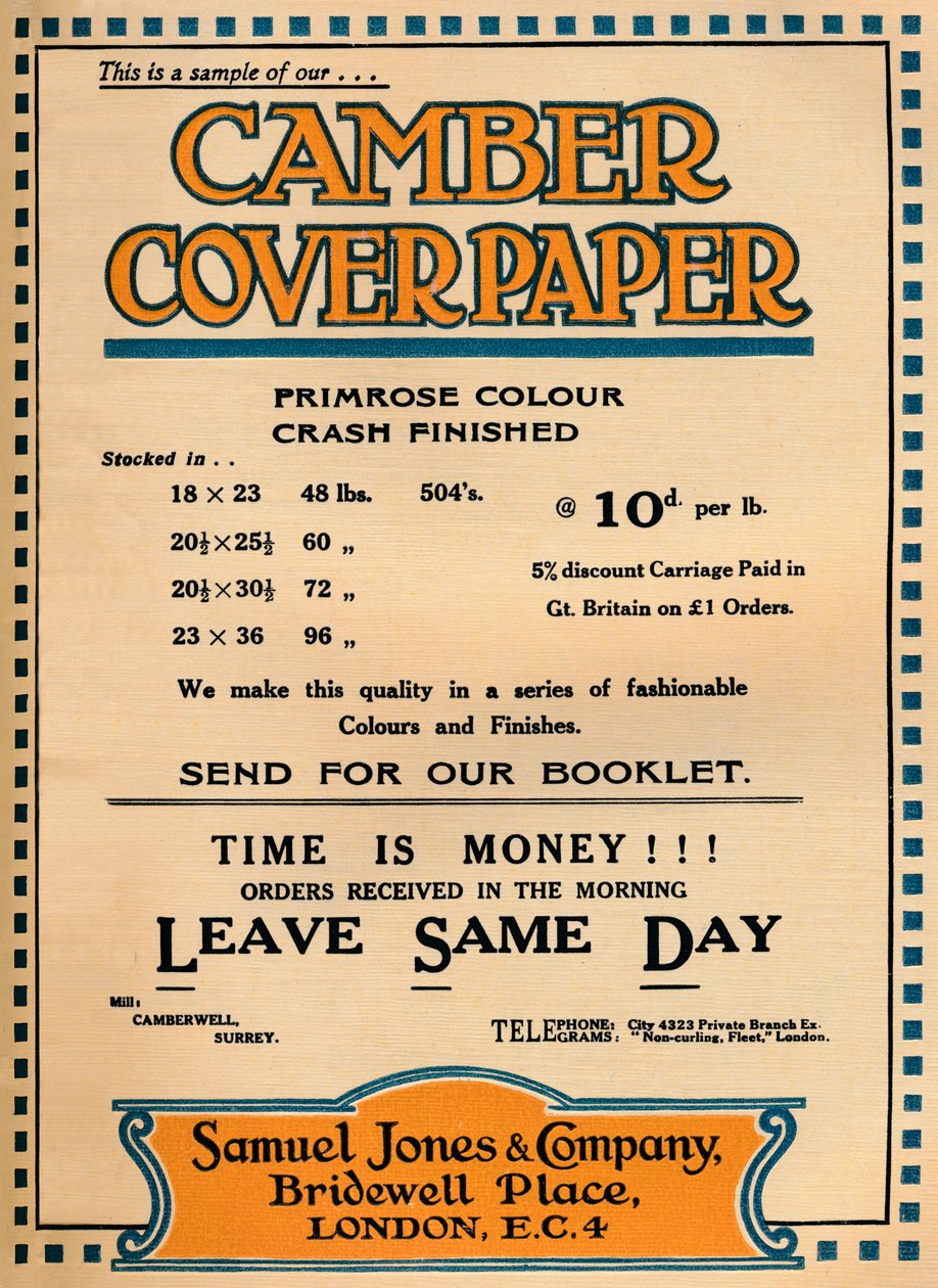 ورق غلاف Camber - إعلان صموئيل جونز وشركاه ، 1919 بواسطة غير معروف