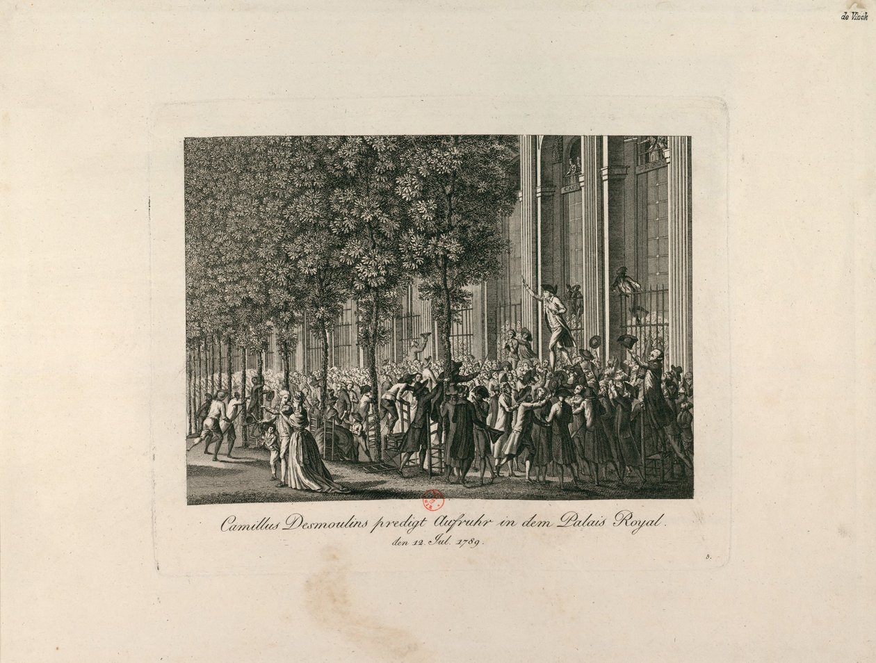 كميل ديسمولين في قصر باليه رويال جاردنز ، ج. 1797-1800. بواسطة غير معروف