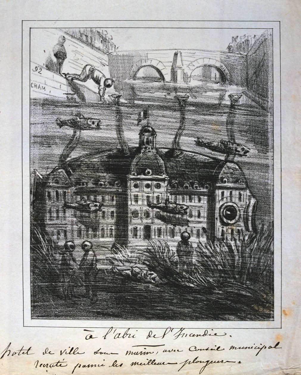 اقتراح رسوم متحركة لإعادة بناء فندق de Ville تحت الماء لمنع الحريق ، Paris Commune ، 1871. بواسطة غير معروف