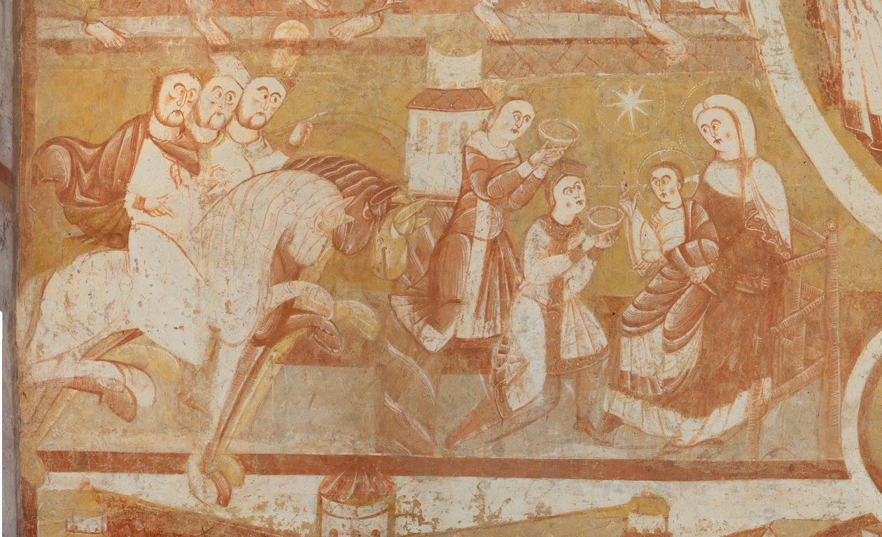 Church (Église Saint-Martin). Interior. Wall paintings (fresco). West wall of the nave. Detail. Arrival of the magi, adoration of the magi. 12th century. بواسطة غير معروف