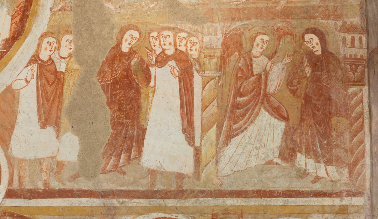 الكنيسة (Église Saint-Martin). الداخلية. اللوحات الجدارية (فريسكو). الجدار الغربي للصحن. التفاصيل. اتهام العذراء والبشارة. القرن الثاني عشر. بواسطة غير معروف