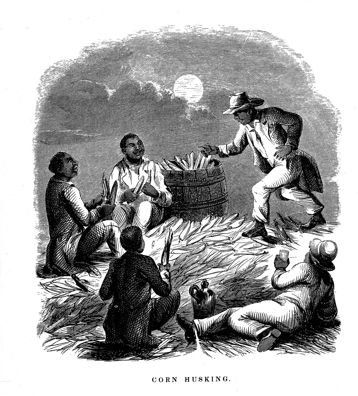 تقشير الذرة ، العمال السود ، تقشير الذرة ، جنوب الولايات المتحدة ، c1850 بواسطة غير معروف