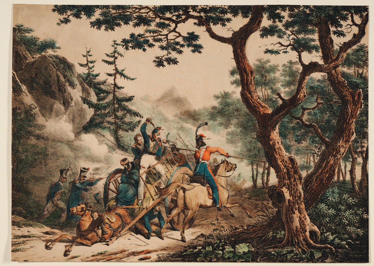 القوزاق يهاجمون الجنود الفرنسيين في غابة ، 1825 بواسطة غير معروف