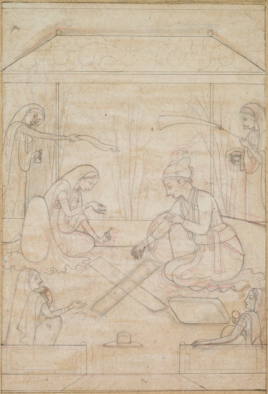 زوجان يلعبان تشوبار على شرفة ، ج. 1790-1800. بواسطة غير معروف