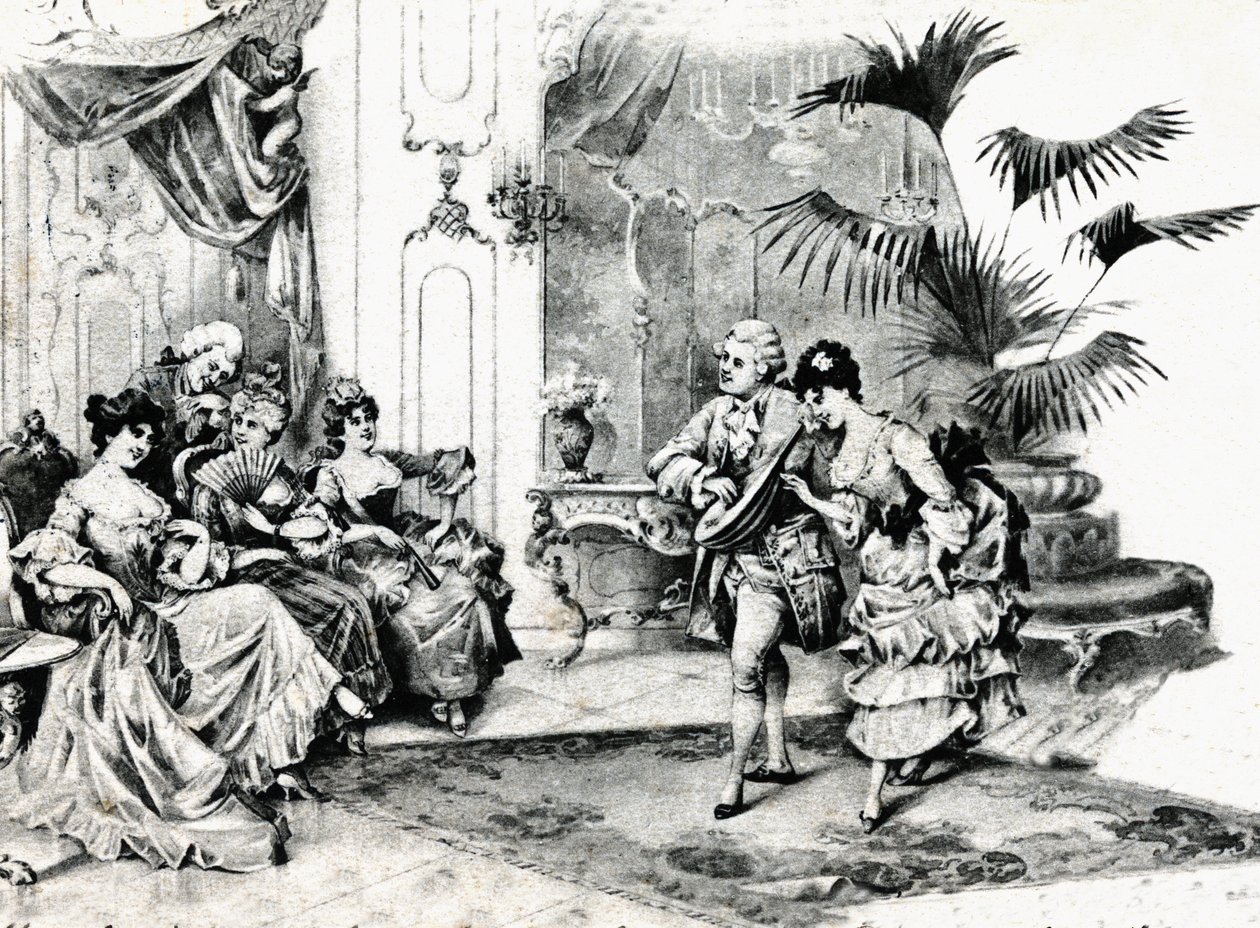 رقصة المحكمة في زي الروكوكو. حوالي عام 1900 بواسطة غير معروف