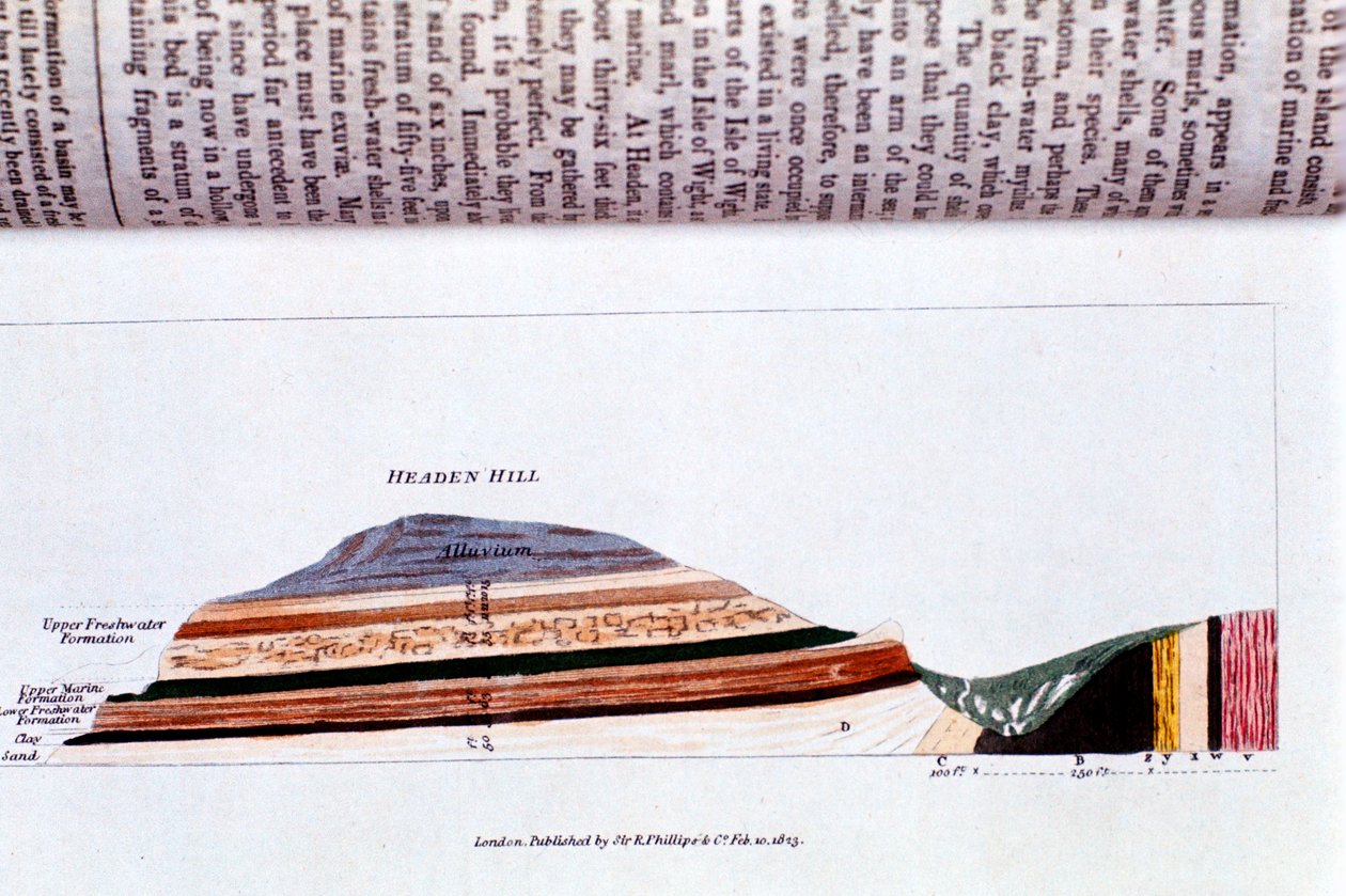 مقطع عرضي لتل هيدن ، بالقرب من خليج ألوم ، جزيرة وايت ، تظهر طبقات جيولوجية ، 1823 بواسطة غير معروف