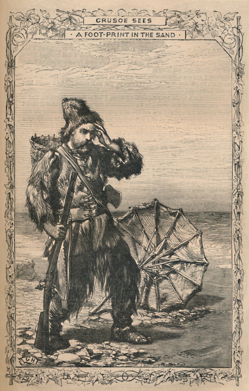يرى كروزو آثار أقدام في الرمال ، c1870 بواسطة غير معروف