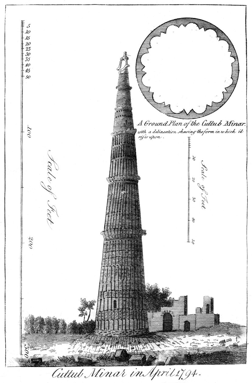 Cuttub Minar في أبريل 1794 ، 1799 بواسطة غير معروف