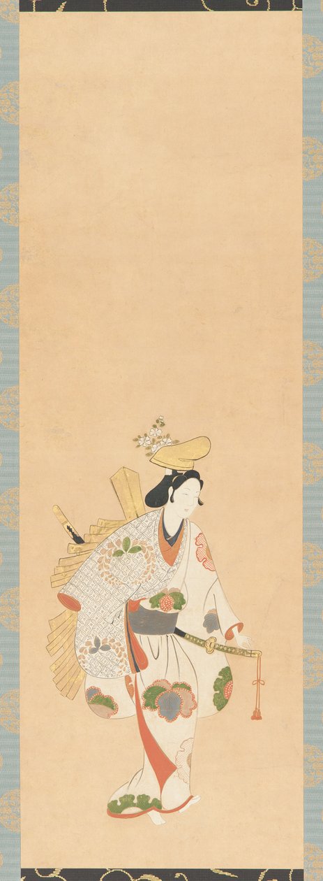 راقصة بثوب أبيض منقوش بأوراق ملونة ... ، فترة إيدو ، عصر كامبون ، 1661-1673. بواسطة غير معروف