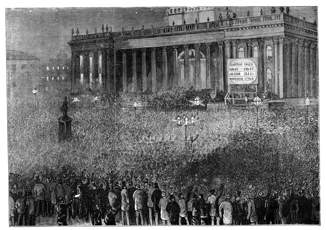 إعلان نتيجة الاستطلاع خلال الانتخابات العامة ، ليدز ، غرب يوركشاير ، 1880 بواسطة غير معروف