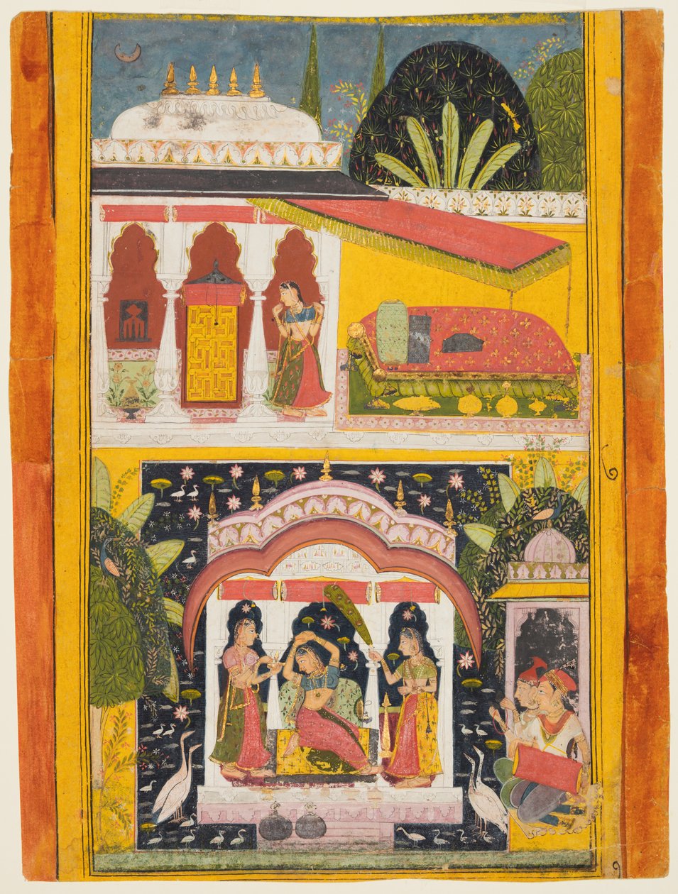 Desavarari Ragini ، من سلسلة Ragamala: سيدة واثنين من الحاضرين في كوخ في الوسط ، c169 بواسطة غير معروف