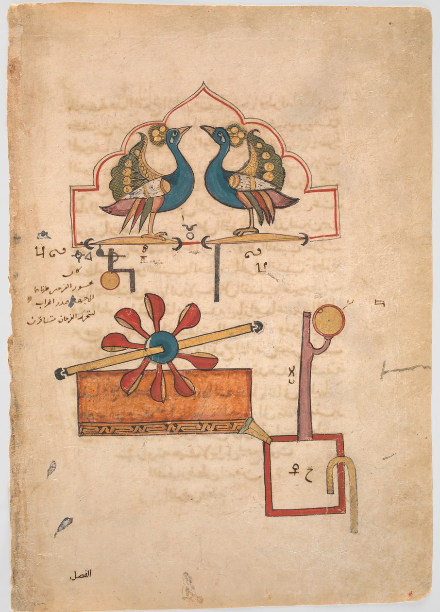 تصميم الساعة المائية للطاووس من كتاب في معرفة الحياة ... 715 هـ 1315. بواسطة غير معروف