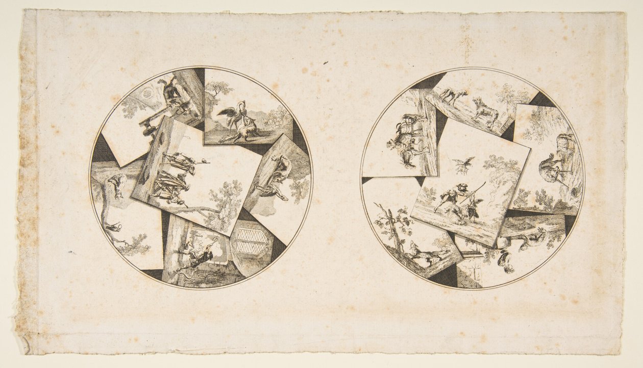 تصميمات للوحات مأخوذة من رسوم Oudrys التوضيحية إلى La Fontaines Fables ، بعد عام 1755. بواسطة غير معروف