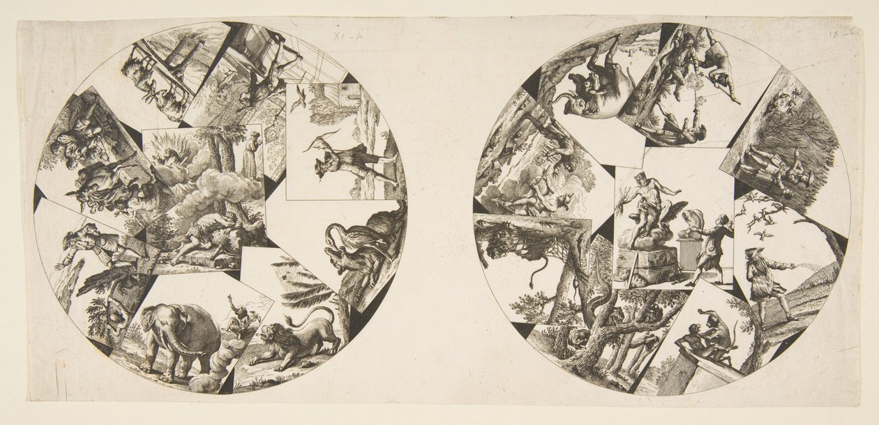 تصميمات للوحات مأخوذة من رسوم Oudrys التوضيحية إلى La Fontaines Fables ، بعد عام 1755. بواسطة غير معروف