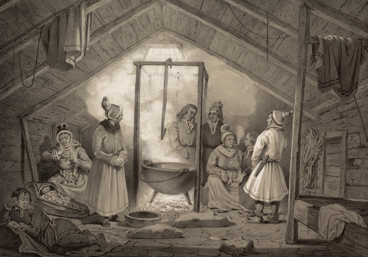 داخل مزرعة في فينمارك. رسم توضيحي مأخوذ من كتاب النرويج الذي أنتجه في رسومات Asbjørnsen، P.Chr. ونشره Chr. Tønsberg (رقم ، 1848) سامي يرتدي ملابس الأحد في غرفة المعيشة. «الأكواخ الخشبية (...) تحدث بشكل استثنائي فقط ، في Sölapperne بواسطة غير معروف