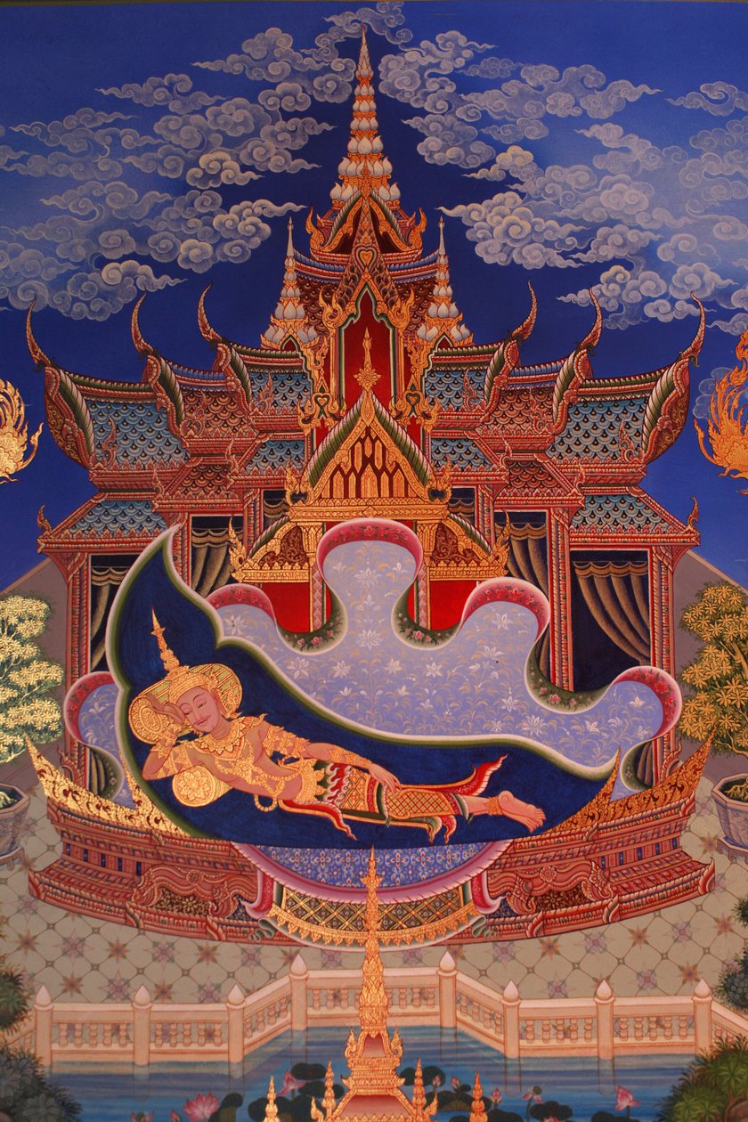 تفاصيل لوحة جدارية في Uposatha (قاعة الضريح) لمعبد Buddhapadipa ، ويمبلدون ، غراند بريتاني بواسطة غير معروف