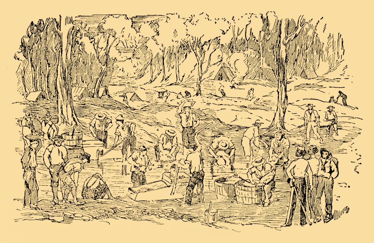 حفر وغسل الذهب في أستراليا عام 1851 ، c1930. بواسطة غير معروف