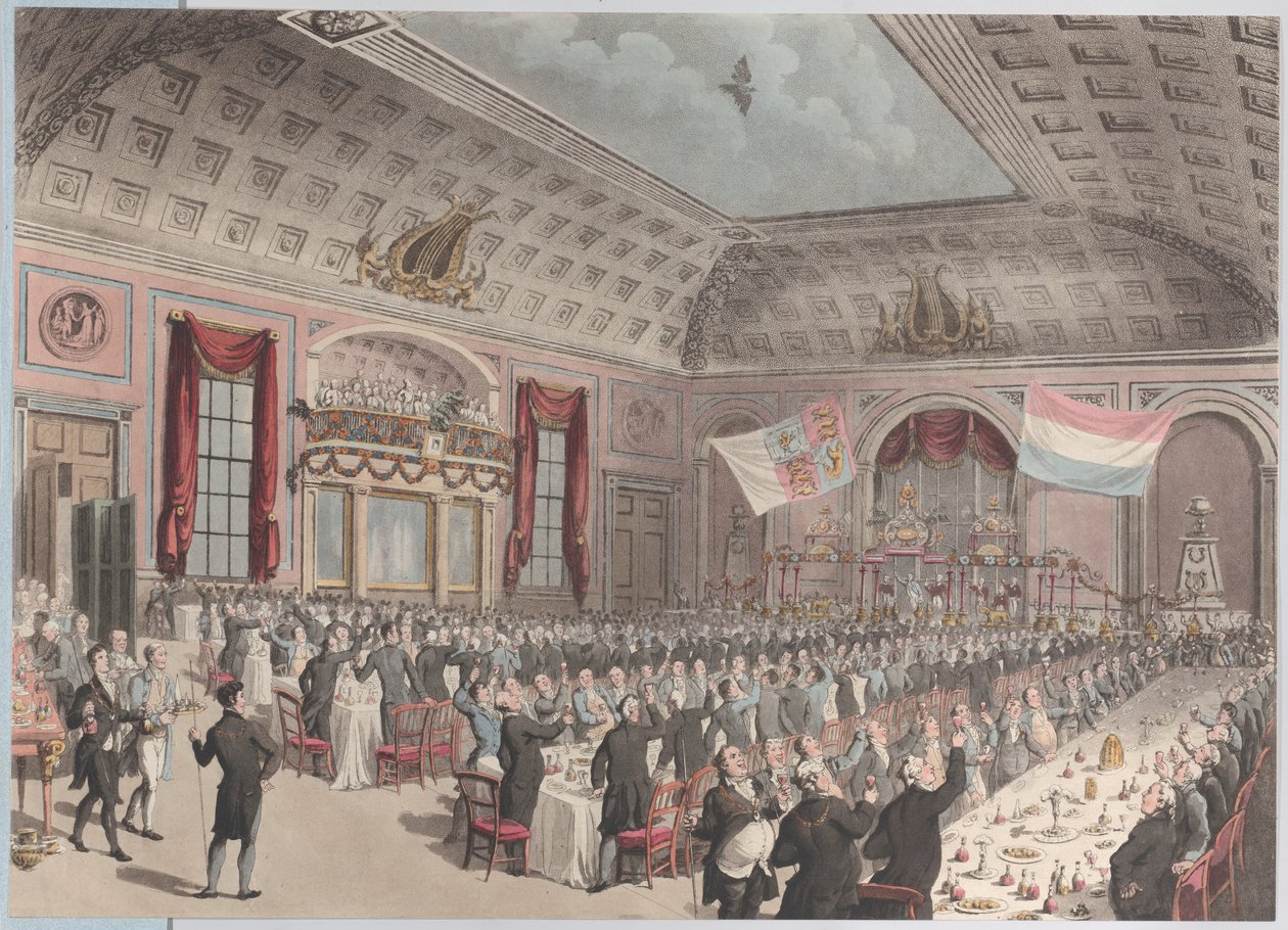 عشاء في الاحتفال بتحرر هولندا من فرنسا ، City of London Tavern، B ...، 1814. بواسطة غير معروف
