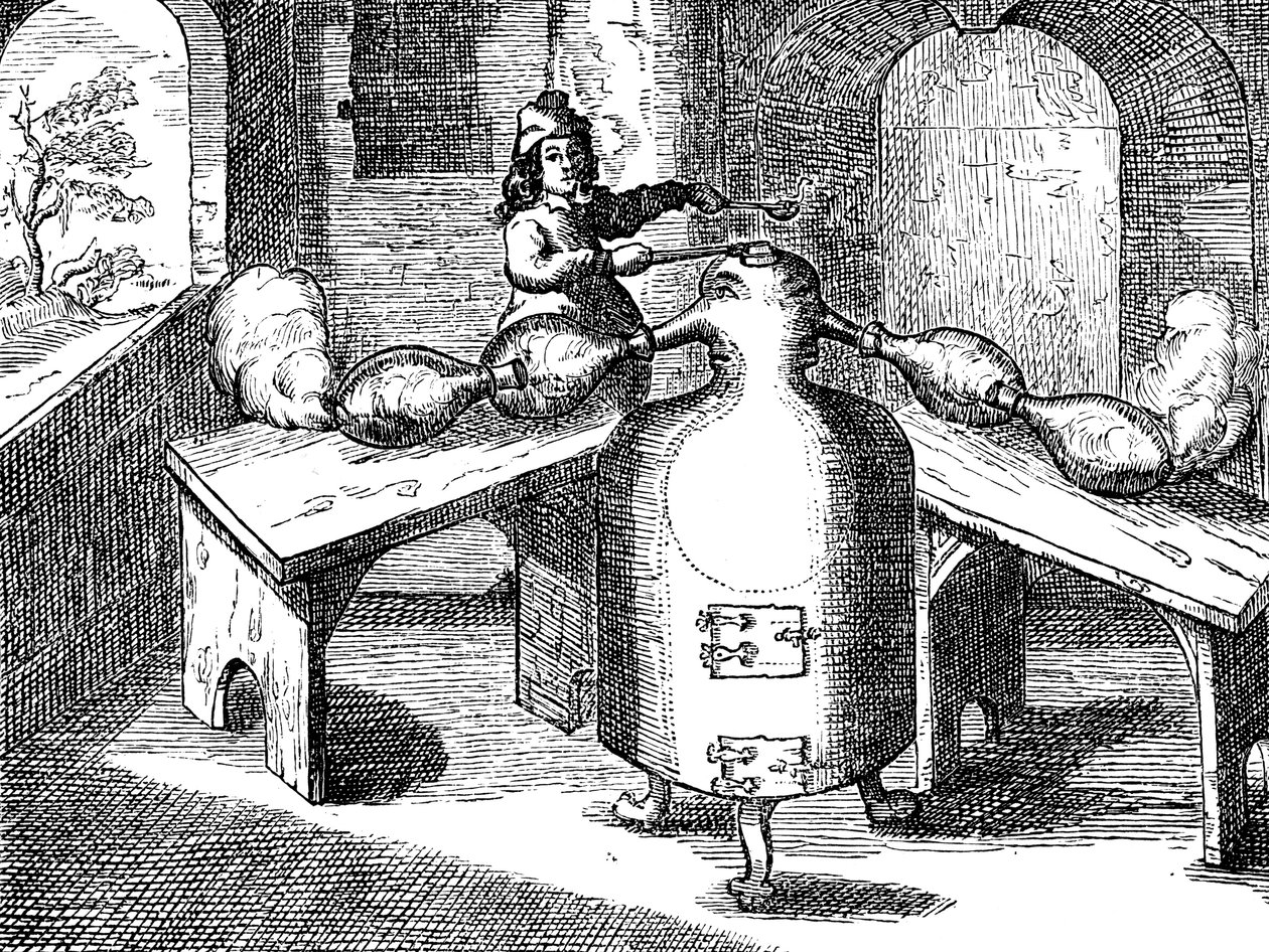 تقطير حمض النتريك أكوا فورتيس أو حمض الفراق في رجل حديدي بأنوفين ، 1689 بواسطة غير معروف