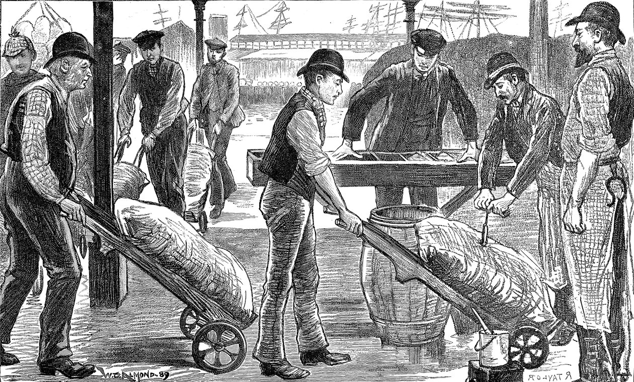 عمال الرصيف تفريغ السكر في غرب الهند دوكس ، لندن ، 1889 بواسطة غير معروف