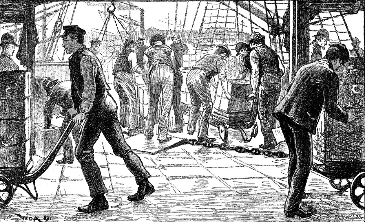 عمال الرصيف تفريغ الشاي في London Docks ، 1889 بواسطة غير معروف