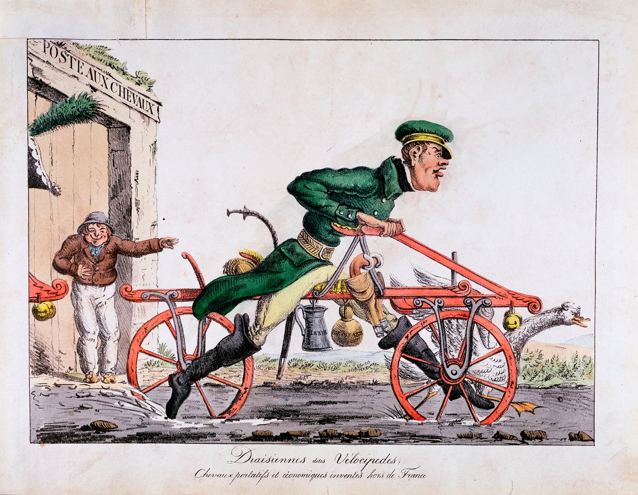 يظهر Draisienne أو velocipede محل خيول في خدمة البريد الفرنسية ، 1818 بواسطة غير معروف