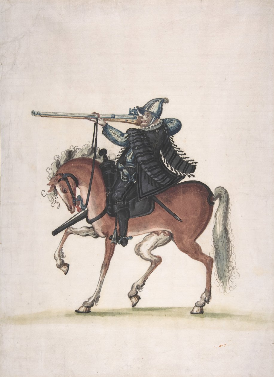 رسم لجندي Arquebusier على ظهر حصان ، أواخر القرن السادس عشر. بواسطة غير معروف