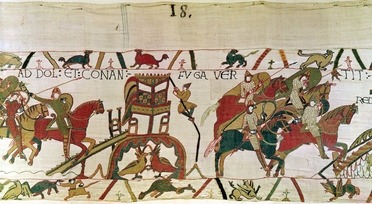 دوق كونان يهرب من دول مع فرسان الدوق ويليام في مطاردتهم Bayeux Tapestry (تطريز من الصوف على الكتان) بواسطة غير معروف