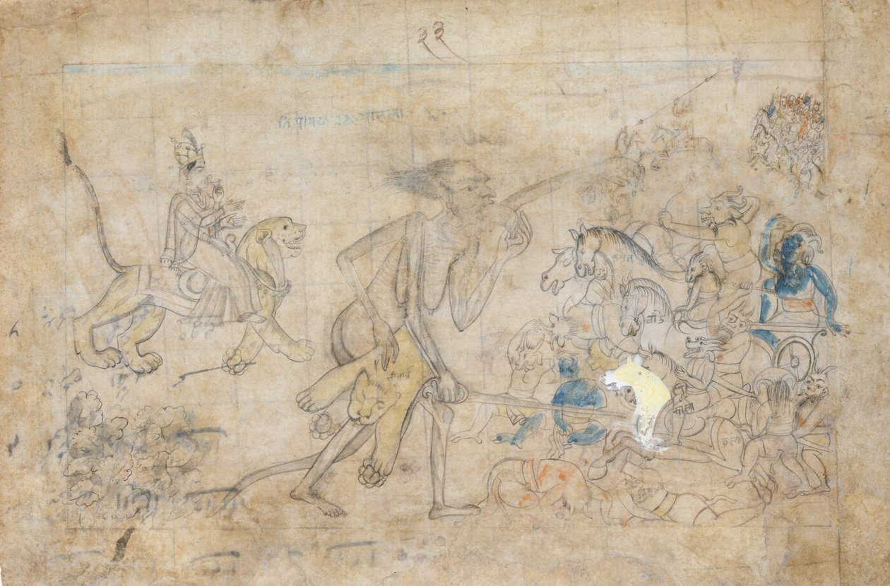 دورجا وكالي يقتربان من الجيوش المجمعة لشاندا وموندا ... ، كاليفورنيا. 1780. بواسطة غير معروف