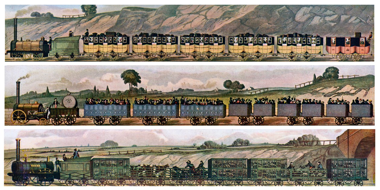 مدربي السكك الحديدية المبكرة ، سكك حديد ليفربول ومانشستر ، إنجلترا ، 1831 ، c1900-1920 بواسطة غير معروف