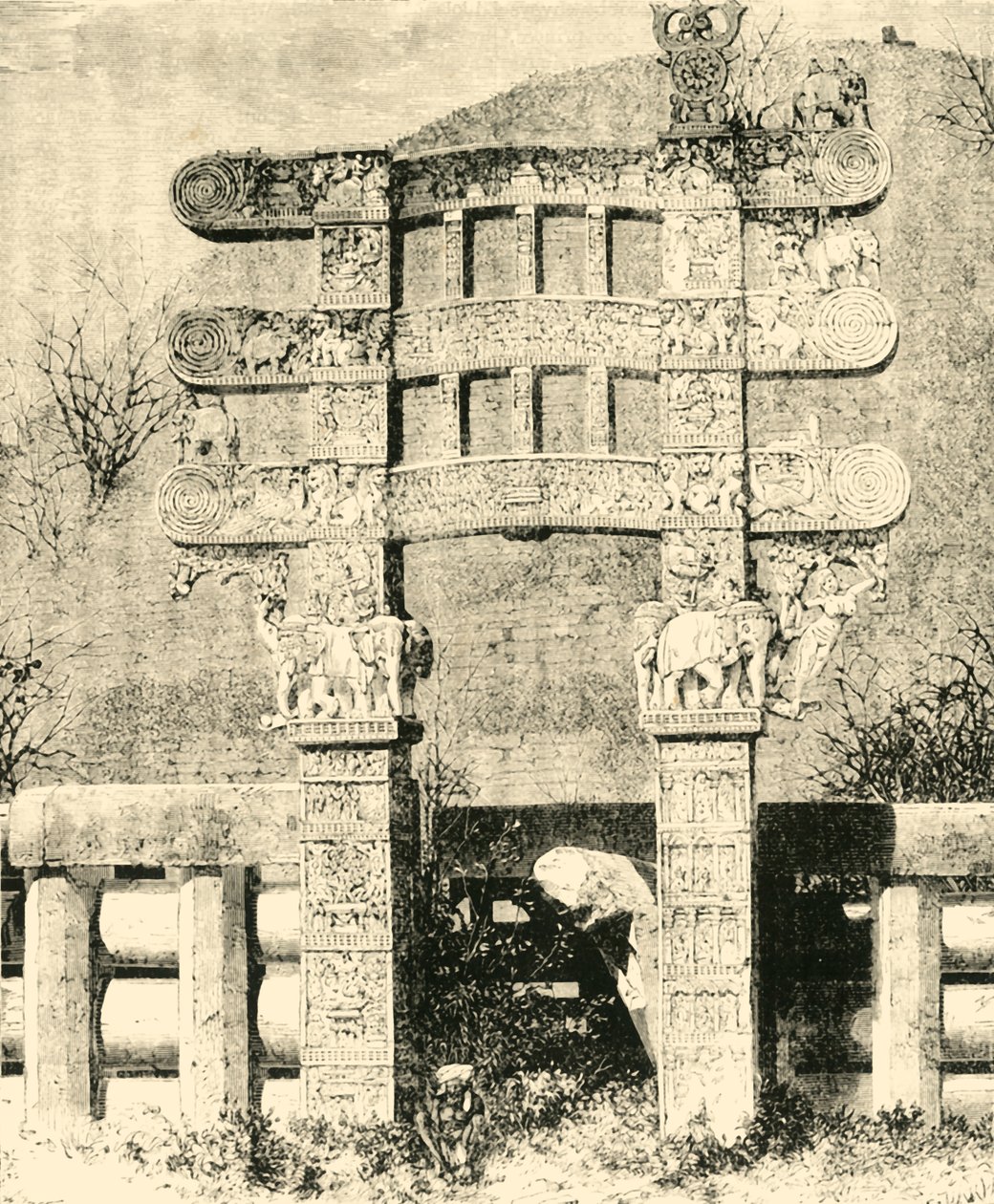 البوابة الشرقية لل Stupa الكبرى Sanchi ، 1890. بواسطة غير معروف
