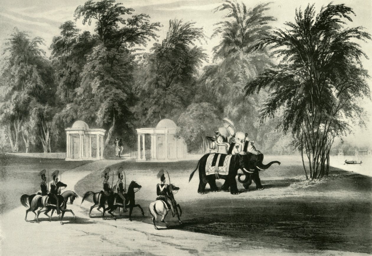 الفيلة والحرس الشخصي في حديقة باراكبور ، 1820 ، 1925. بواسطة غير معروف