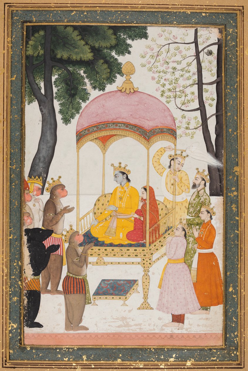 يتوج راما وسيتا المحترمان تكريمًا من قردهما ويحملان حلفاءهما ، ج. 1765. بواسطة غير معروف