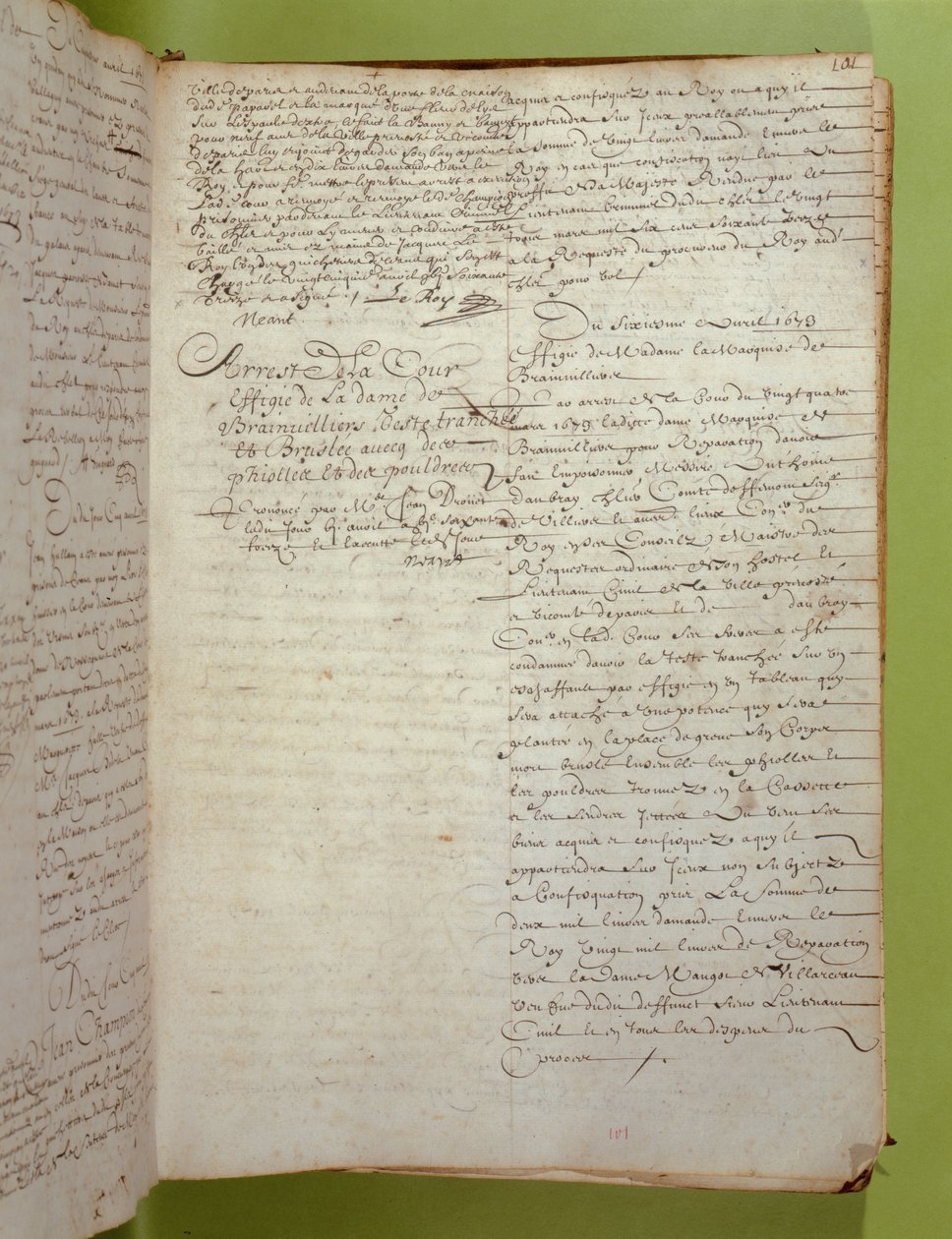 مقتطف من سجلات Conciergerie للحكم بالإعدام عن طريق الإعدام وحرق Marquise de Brinvilliers ، أبريل 1673 (قلم وحبر على ورق) بواسطة غير معروف