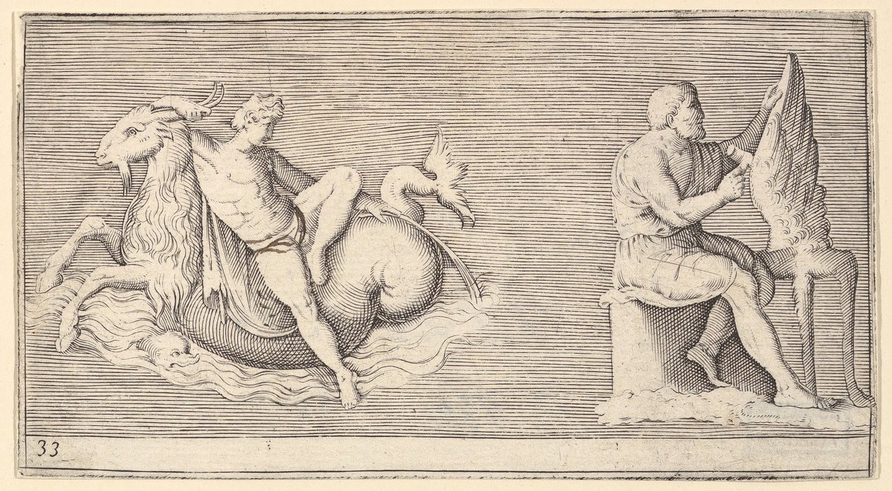 الرقم على Seagoat ، رجل نحت الجناح ، نشرت كاليفورنيا. 1599-1622. بواسطة غير معروف