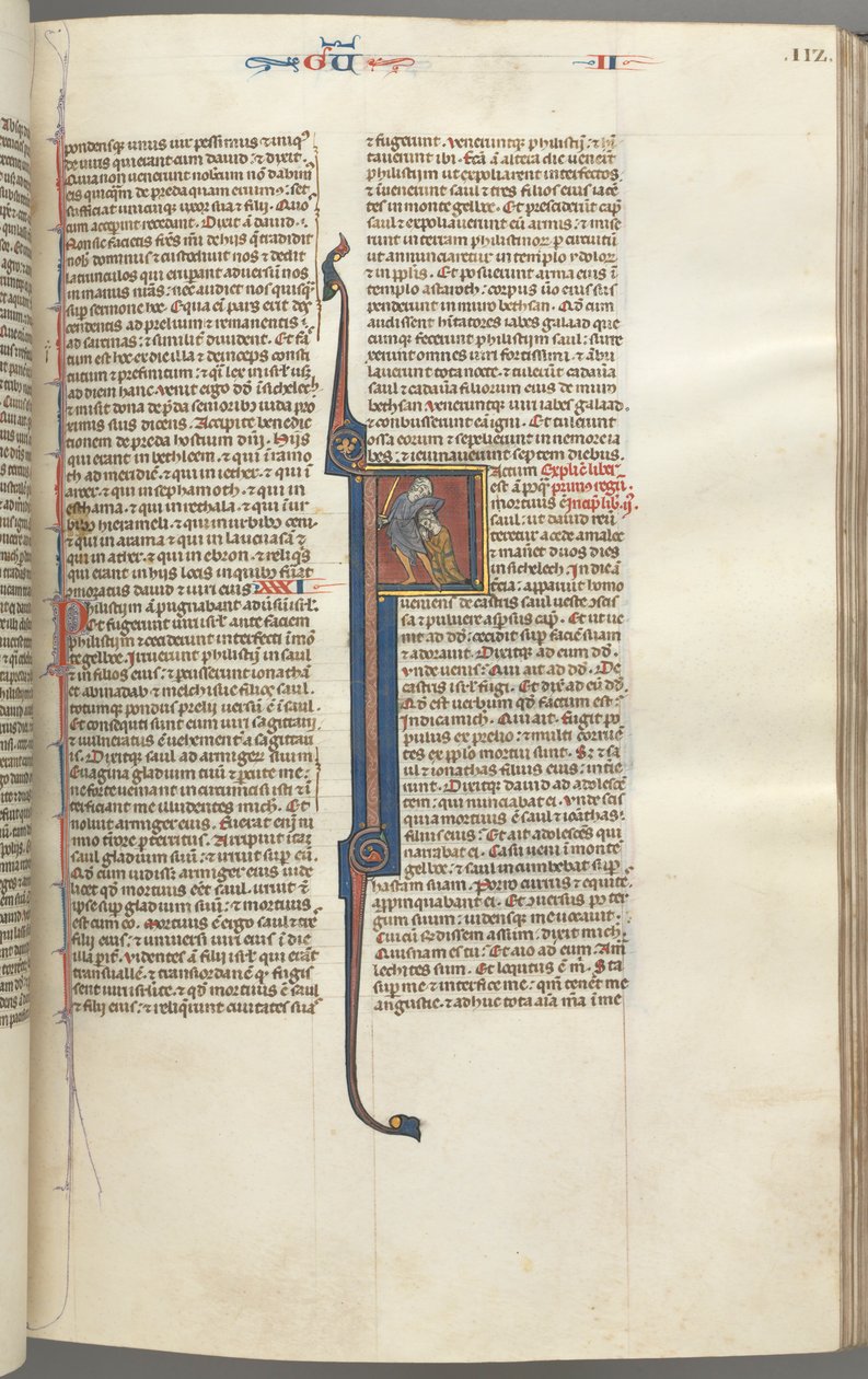 فول. 112 و ، الملوك الثاني ، تاريخ أولي F ، قطع رأس عماليق ، ج. 1275-1300. بواسطة غير معروف