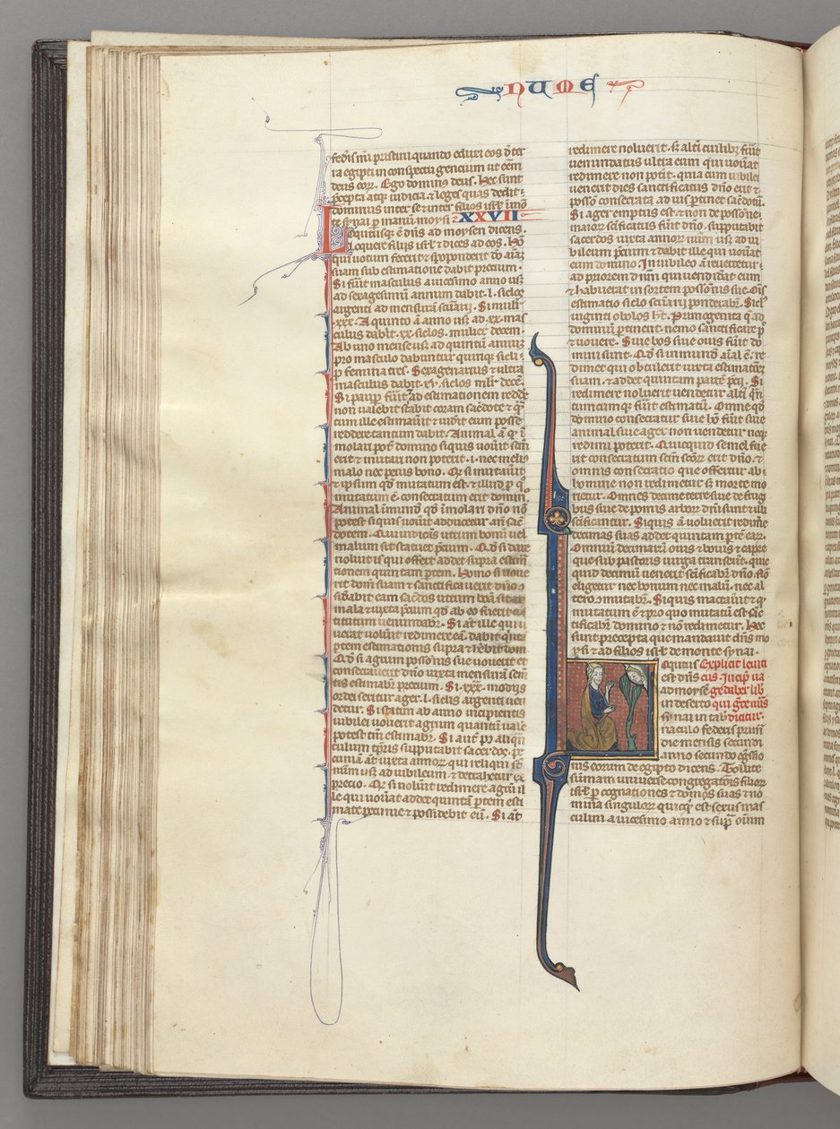 فول. 46v ، أرقام ، تاريخ مبدئي لام ، موسى بقرون ، راكع أمام الله ، ج. 1275-1300. بواسطة غير معروف