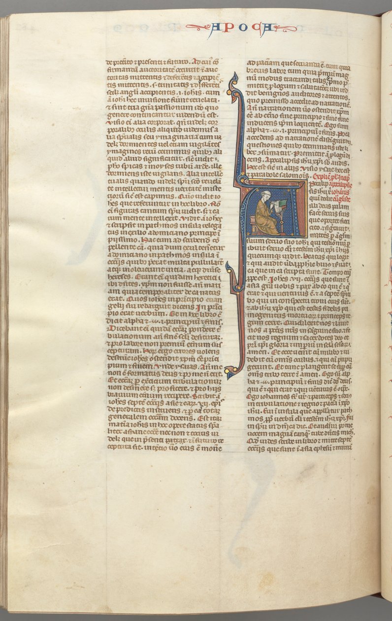 فول. 482v ، رؤيا ، تاريخ أولي A ، جون يجلس في مكتب مكتوب ... ، ج. 1275-1300. بواسطة غير معروف